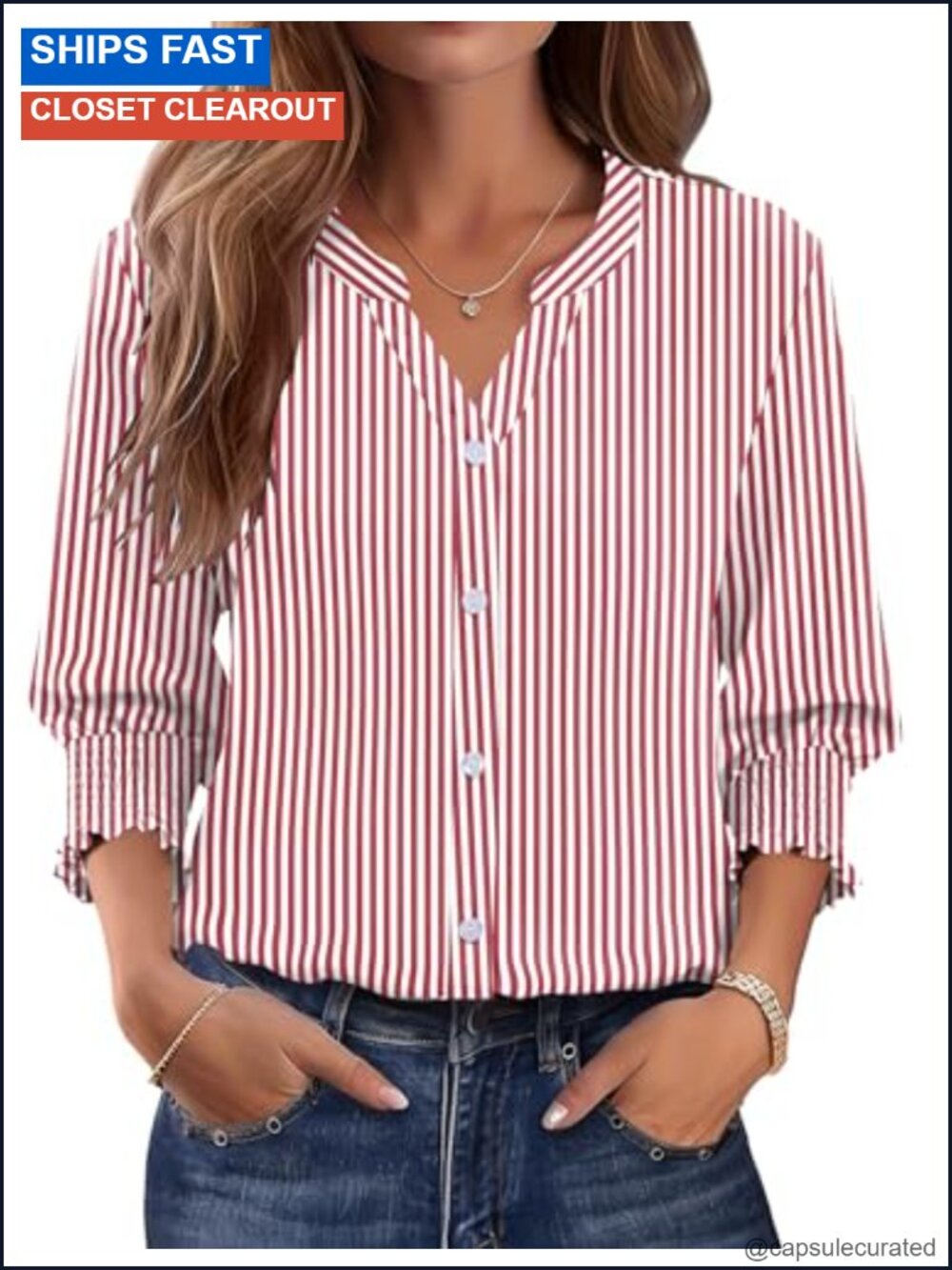 3/4 Sleeve Striped V-Neck Blouse for Women with Smocked Cuffs